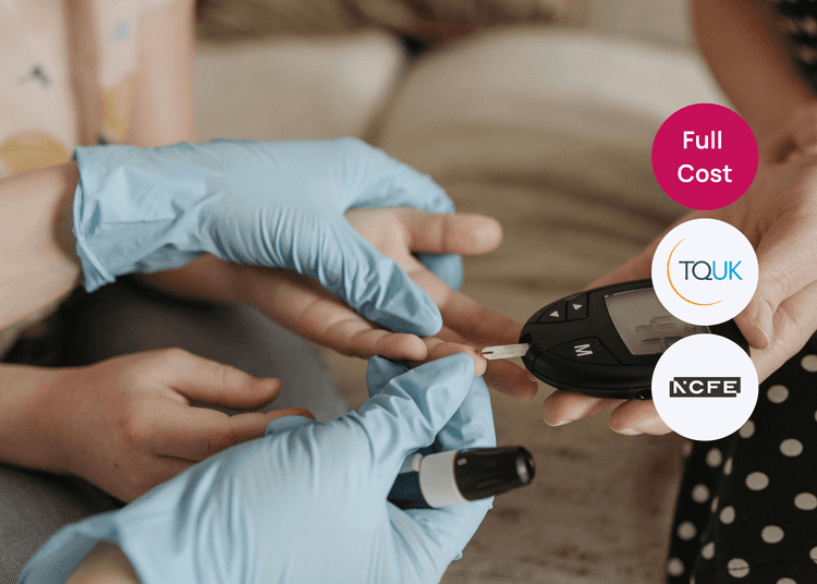 Gloved hands assisting a patient with a finger prick test using a blood glucose meter for diabetes care.