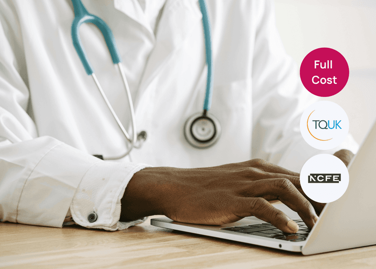 Doctor in a white coat with a stethoscope typing on a laptop, suitable for healthcare training or clinical skills courses.