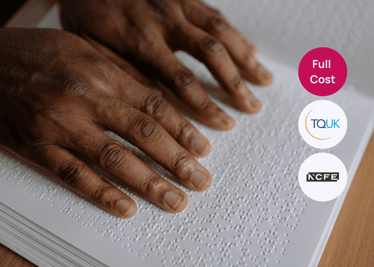 Hands moving across a page of raised Braille dots, suitable for an accessibility or equality training course.