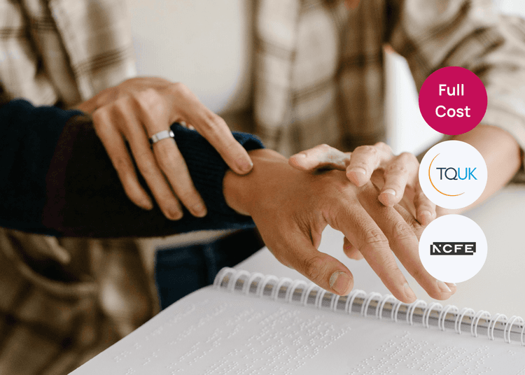 Two hands guiding another hand across a spiral bound Braille page, suitable for an accessibility support course.