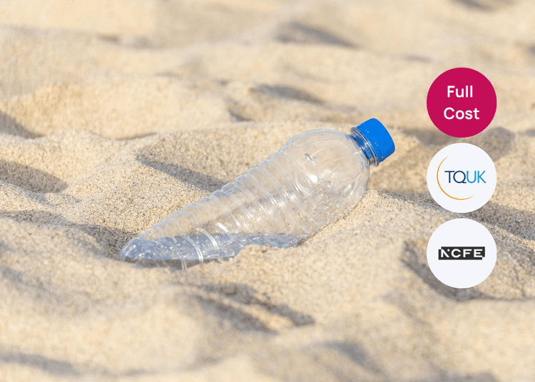 A clear plastic bottle with a blue cap lying on sandy ground for environmental awareness training.