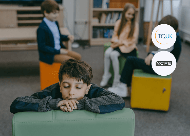 A sad boy sits apart from other children talking in the background, symbolising the effects of bullying, with TQUK and NCFE logos beside him.