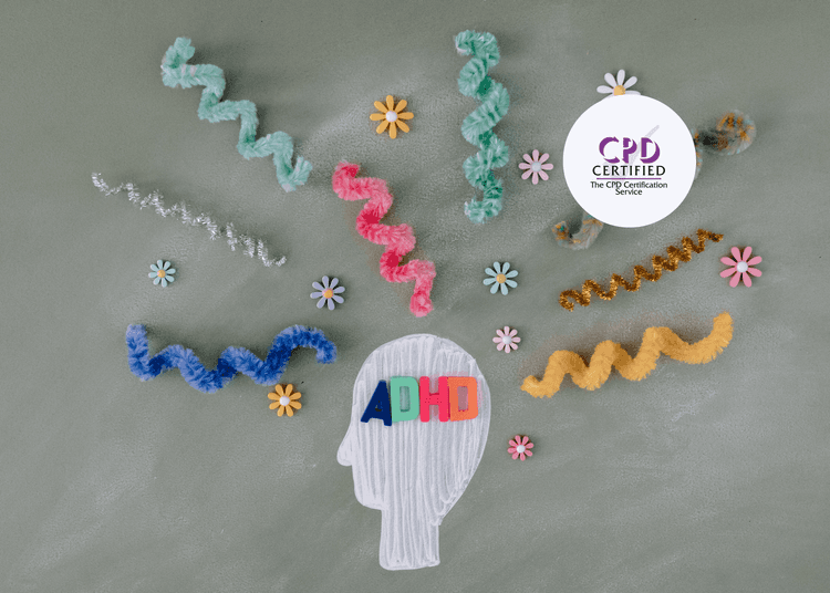 White chalk outline of a head with colourful “ADHD” letters inside, surrounded by pipe cleaners and paper flowers.