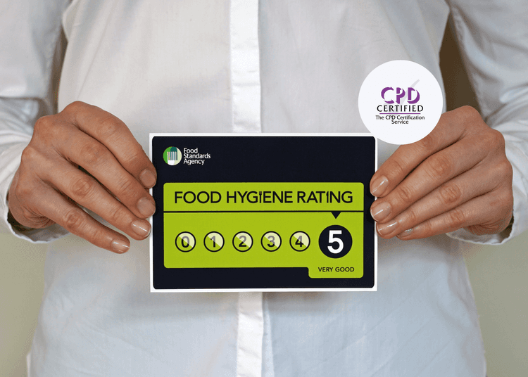 Person in white shirt holding a Food Standards Agency hygiene rating card showing a score of 5.