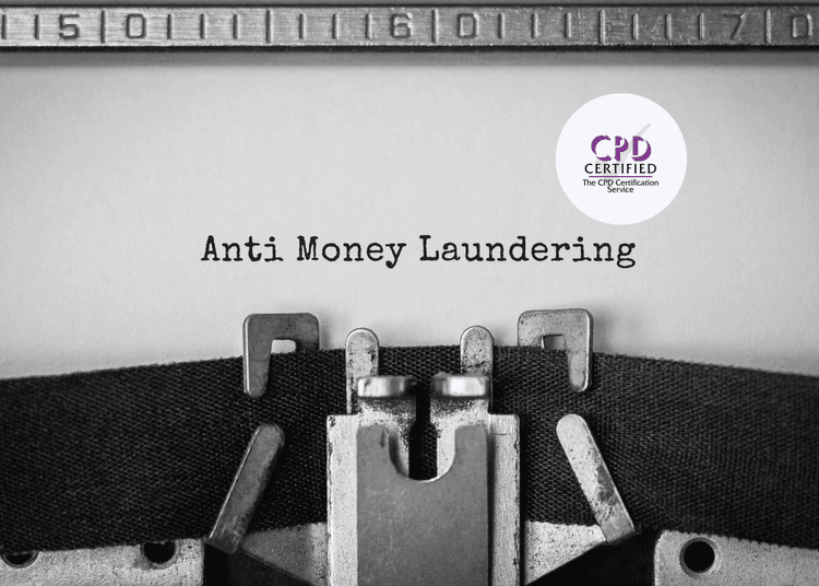 Close-up of a typewriter printing the words “Anti Money Laundering” on white paper in black ink.