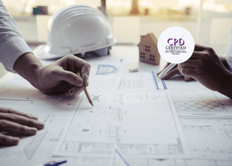 Two construction site admins reviewing building plans with pencils, with a hard hat and model house in the background.