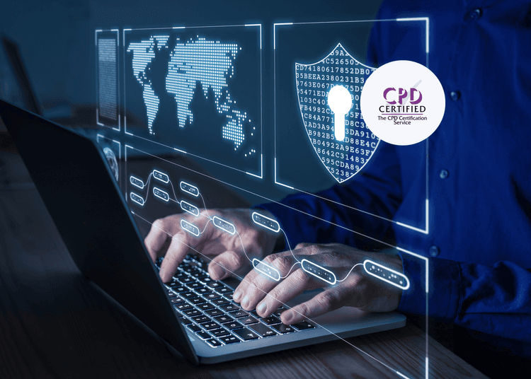 Person typing on a laptop with cyber security icons, showing the importance of data protection in cyber security training.