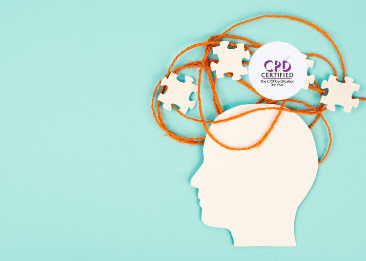 Outline of a human head, surrounded by orange string and puzzle pieces on a light blue backdrop.