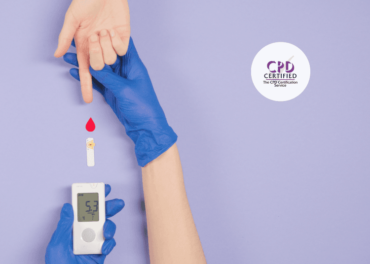 Blue-gloved hands performing a blood glucose test with a drop of blood and digital glucose meter.