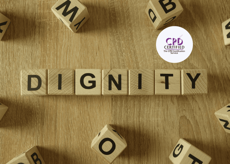 Wooden letter blocks arranged to spell “DIGNITY” on a wooden surface.