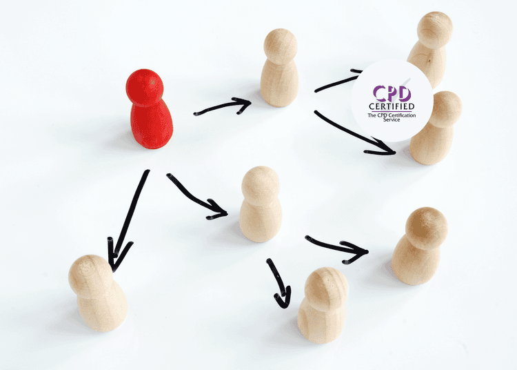 Red wooden figure surrounded by beige figures with black arrows pointing outward and between them.