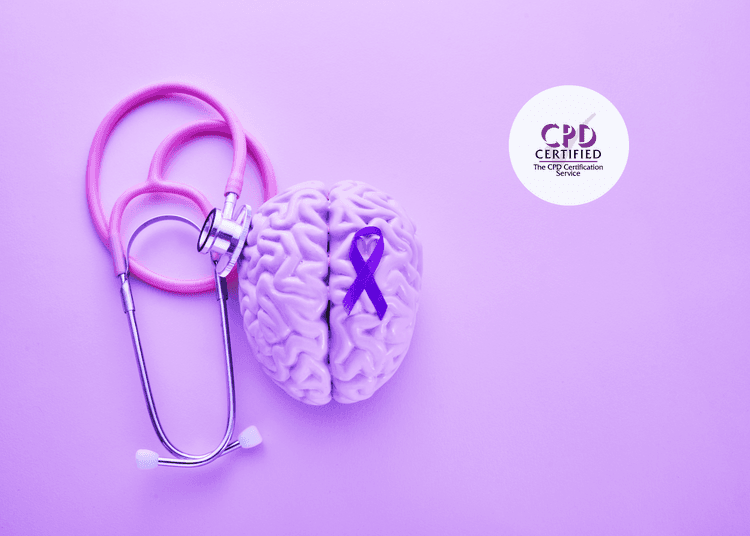 Pink stethoscope and model brain with a purple epilepsy awareness ribbon on a purple background.