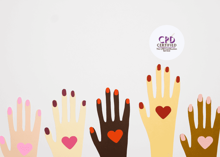 Paper cut-out hands in different skin tones, each with a coloured heart on the palm, raised against a white background.