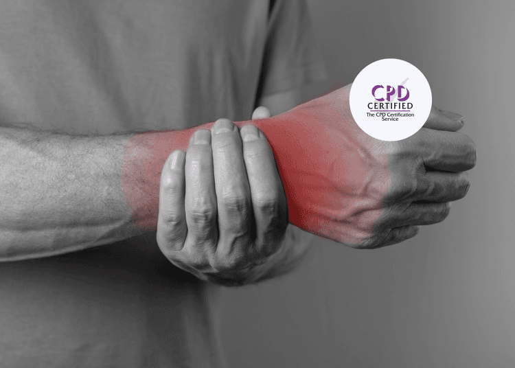Grey image of a man holding his wrist, with the area being held glowing red to highlight pain.