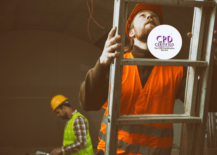 Worker in high-vis vest climbs ladder on construction site, reinforcing key training topics from CPD Ladder Safety.
