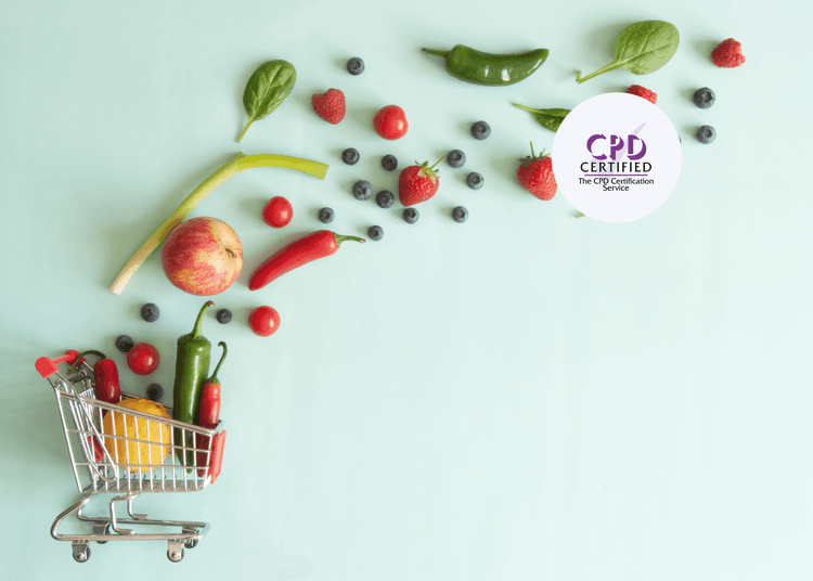 Mini trolley with fruit and veg scattered on a pastel surface, used to support food safety training in retail.