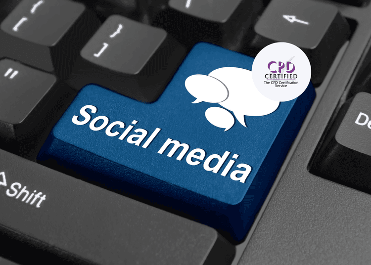 Close-up of a keyboard with a blue "Social media" key featuring white speech bubble icons.