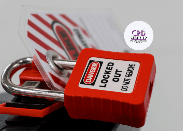 Close-up of red lockout padlock and tag, used to show safe isolation procedures in CPD Lock Out / Tag Out training.