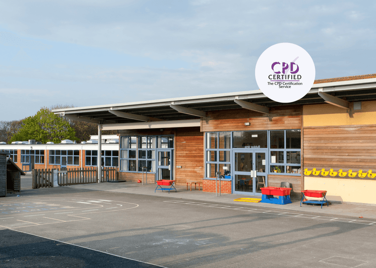 Primary school exterior with closed doors and empty playground, representing lockdown readiness in school safety training.