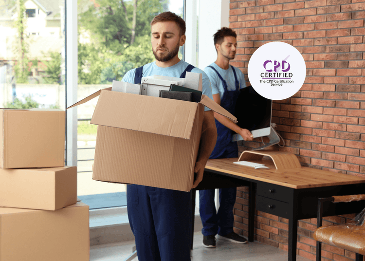 Two workers lift office equipment and boxes during a move, demonstrating correct manual handling techniques.