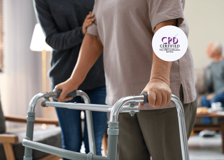 Close-up of an elderly person using a walking frame with support from another individual standing beside them.