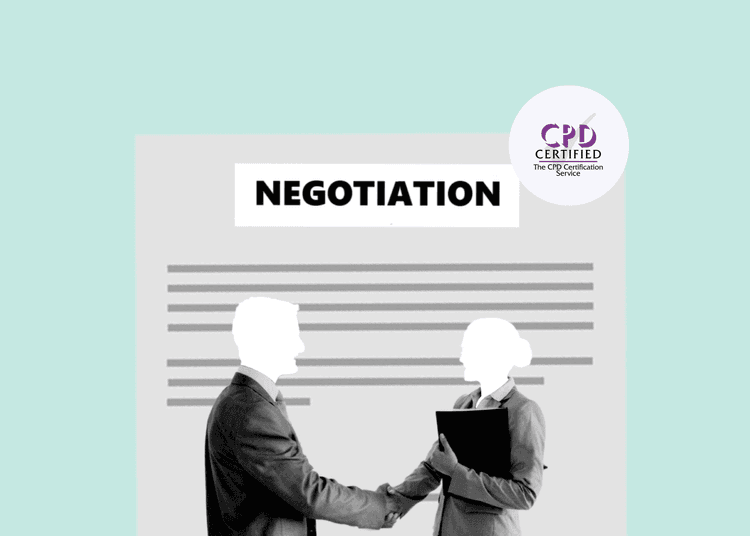 Illustration of a man and woman in business attire shaking hands in front of a document labelled "NEGOTIATION."