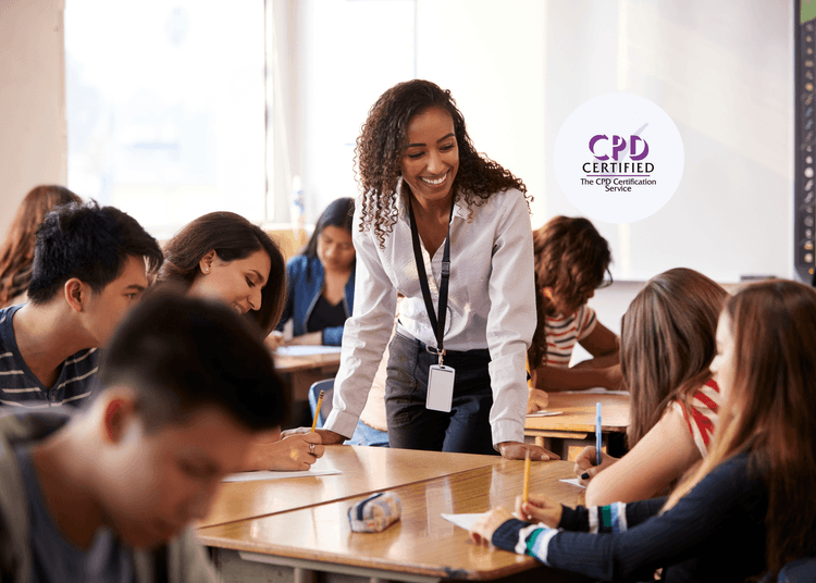 A smiling teacher supports students in a classroom, promoting positive behaviour and respectful handling.