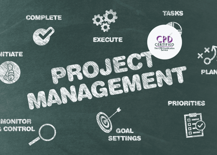 Chalkboard with the words “Project Management” surrounded by icons for tasks, goals, priorities, and planning.