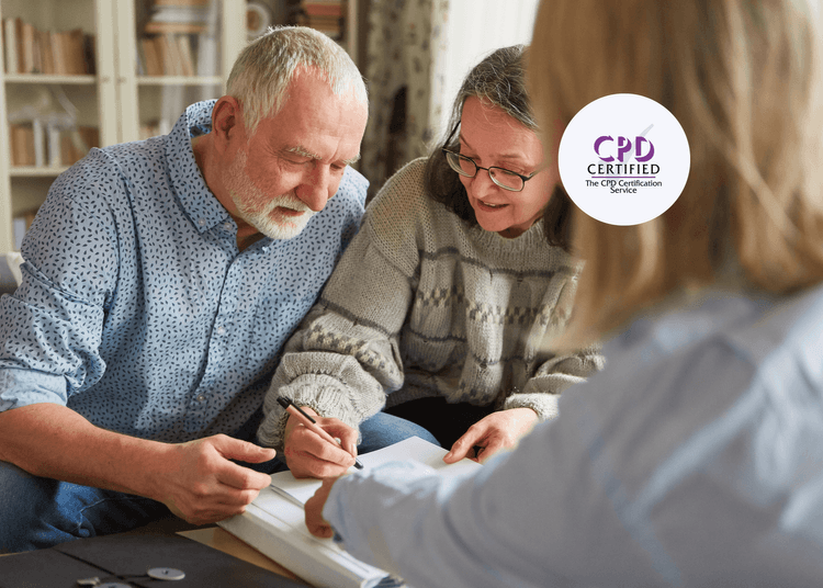 Older couple reviewing paperwork with a professional in a home setting, suggesting a safeguarding discussion.