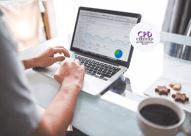 Hands typing on laptop showing website analytics with line graph and pie chart.