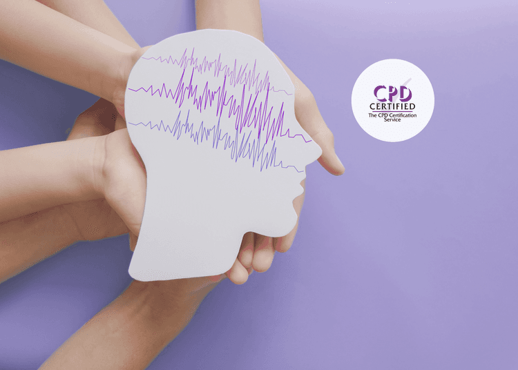 Several hands holding a white head-shaped cutout with jagged purple brainwave lines on a light purple background.