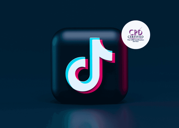 3D-rendered TikTok logo with neon lighting effect on a black square background, placed on a dark blue surface.