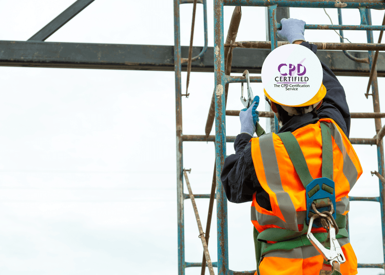 Worker in hi-vis vest and safety harness climbs scaffolding, attaching fall protection gear.