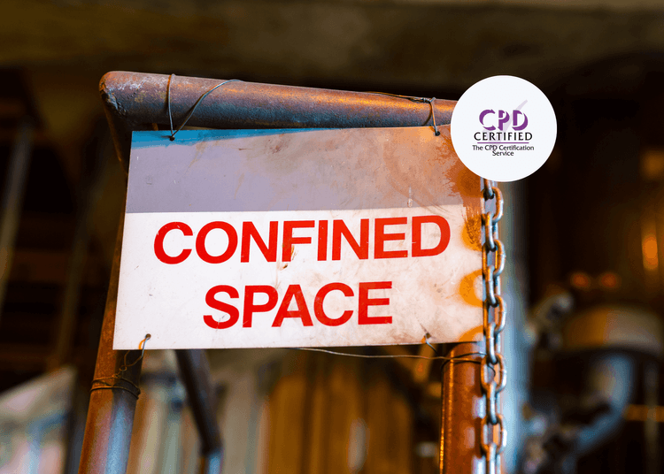 Rusted construction environment with a white, rusty sign featuring the word "Confined Space" in bold and red.