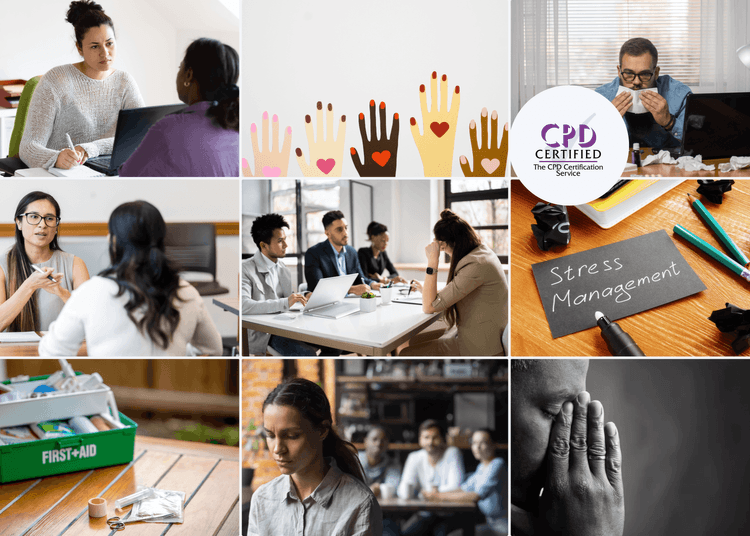 Collage showing workplace training scenes including mental health talks, stress management, and first aid.