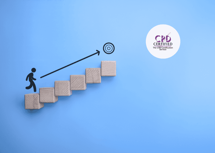 Wooden blocks arranged as steps with a stick figure climbing toward a target symbol on a blue background.