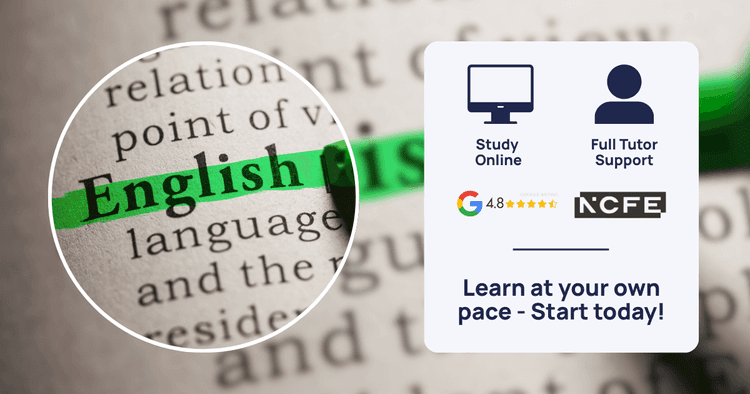 The word 'English' is highlighted in green in a dictionary, with additional icons to show accreditation, support and reviews.