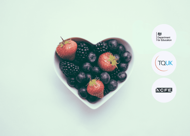 Heart-shaped bowl filled with strawberries, blackberries, and blueberries on a light background, symbolising allergy awareness, with Department for Education, TQUK, and NCFE logos.