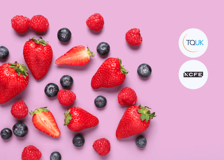 Strawberries, raspberries, and blueberries on a pink background, representing allergy awareness and education, with TQUK and NCFE logos.