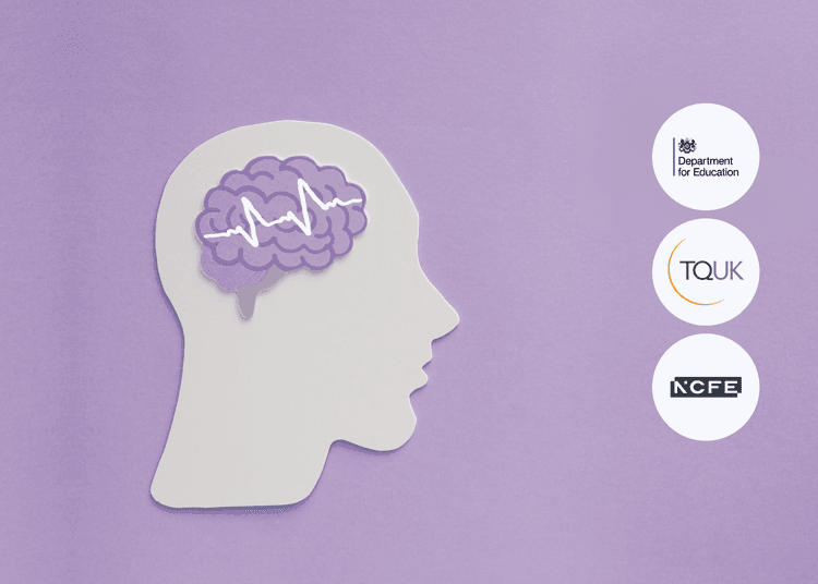 Silhouette of a head with a brain illustration and heartbeat line on a purple background, with Department for Education, TQUK, and NCFE logos.