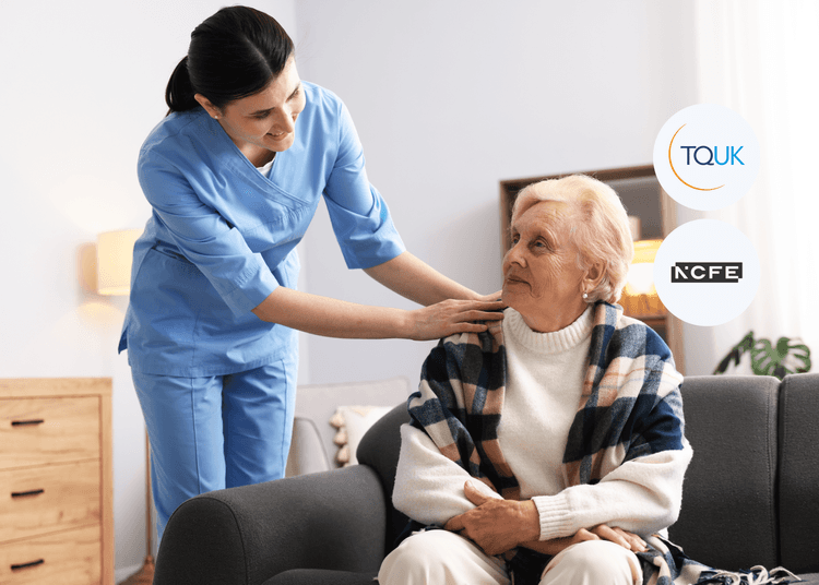 A smiling caregiver in blue scrubs supports an elderly woman sitting on a sofa, symbolising adult social care training, with TQUK and NCFE logos.