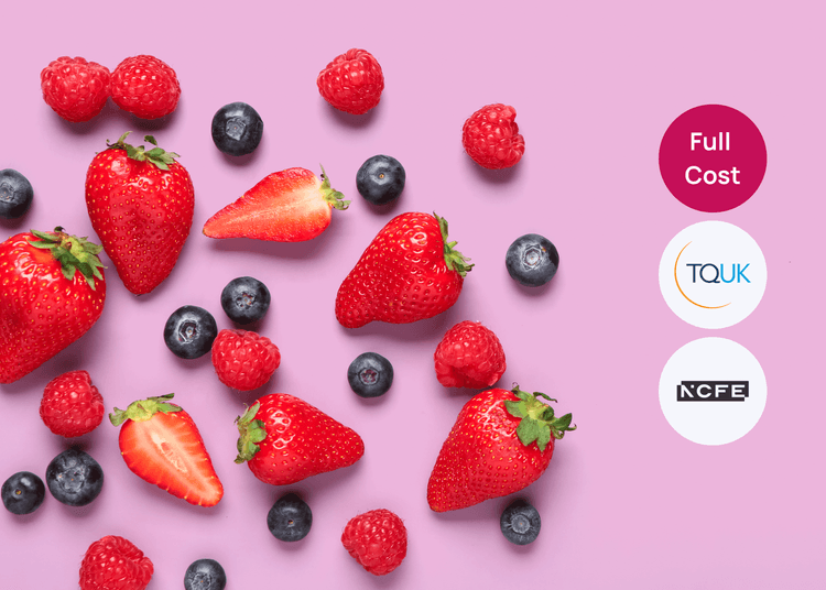 Strawberries, raspberries and blueberries on a pink background with Full Cost, TQUK and NCFE circles.