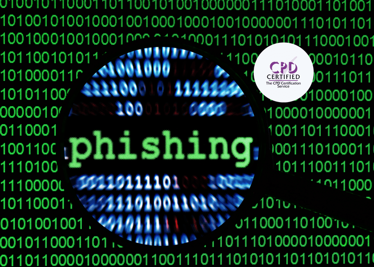 Phishing awareness graphic with magnifying glass over the word “phishing” and CPD Certified logo.
