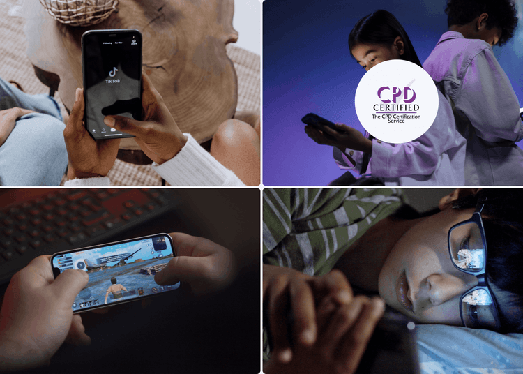 Four images showing young people using smartphones for social media and gaming, including TikTok, chat, and mobile games.