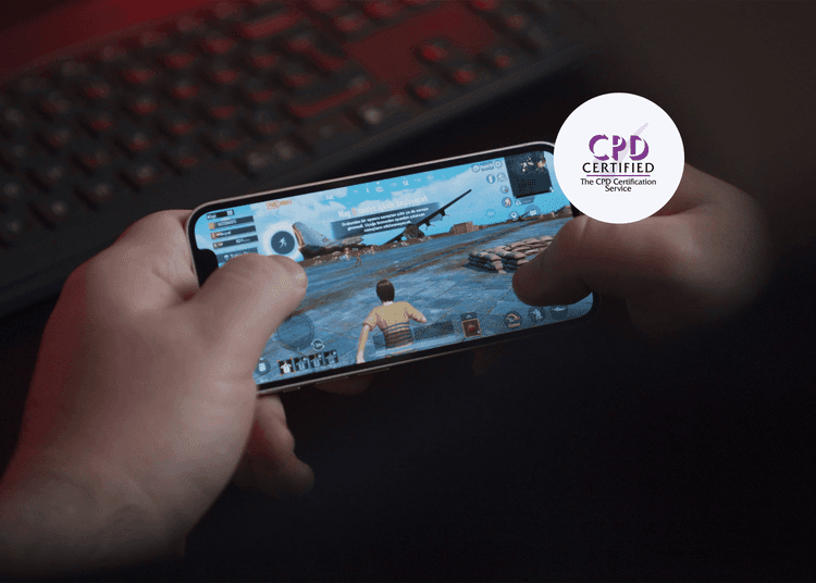 Hands holding a smartphone while playing an online multiplayer game, relevant to online gaming safety training.