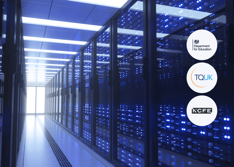 A brightly lit server room with rows of glass cabinets housing data servers and blinking blue lights.