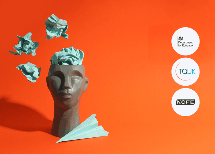 Grey sculpted head with blue crumpled paper emerging from the top, set against a bright orange background.