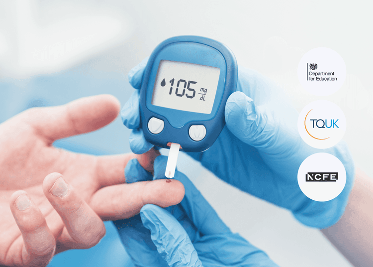 Close-up of gloved hands using a blood glucose meter to check a patient's finger with a digital reading of 105 mg/dL.