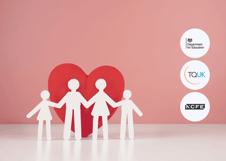 Four white paper-cut figures of a family holding hands in front of a large red heart on a pink background.