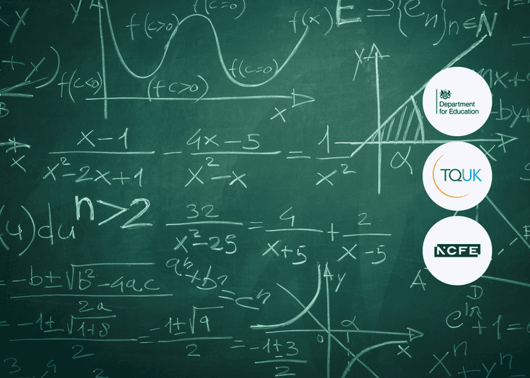 Green chalkboard filled with handwritten mathematical equations, graphs, and algebraic formulas in white chalk.